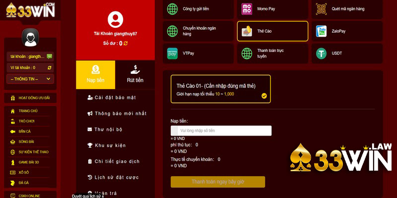 Nạp tiền 33Win bằng thẻ cào là sự lựa chọn được nhiều người sử dụng
