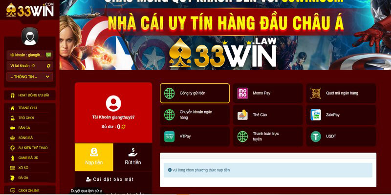 Nhà cái đang cung cấp nhiều phương thức giao dịch nạp tiền 33Win đa dạng