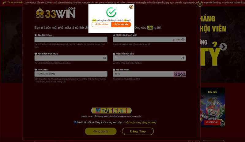 Thông báo đăng ký tài khoản nhà cái 33Win thành công